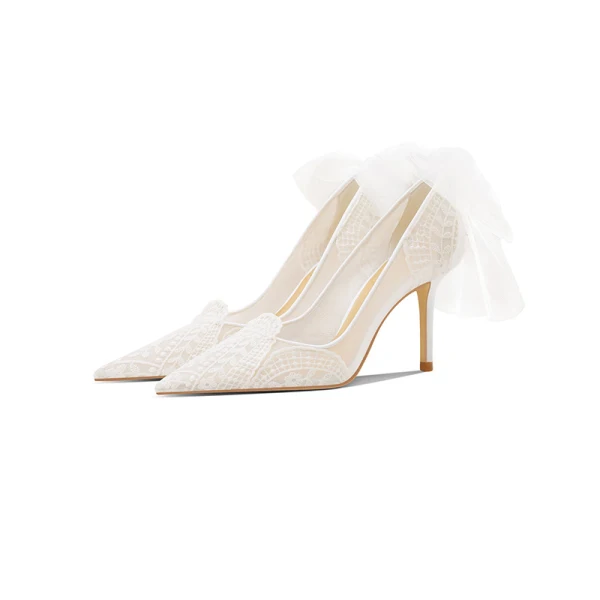 Elegant White Lace Flower Bow Wedding Shoes 2023 Leather 8 cm Stiletto Heels Pointed Toe Wedding Pumps High Heels