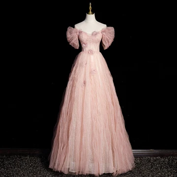 Schöne Rosa Applikationen Pailletten Ballkleider 2023 A Linie Off Shoulder Perle Strass Kurze Ärmel Rückenfreies Lange Festliche Kleider