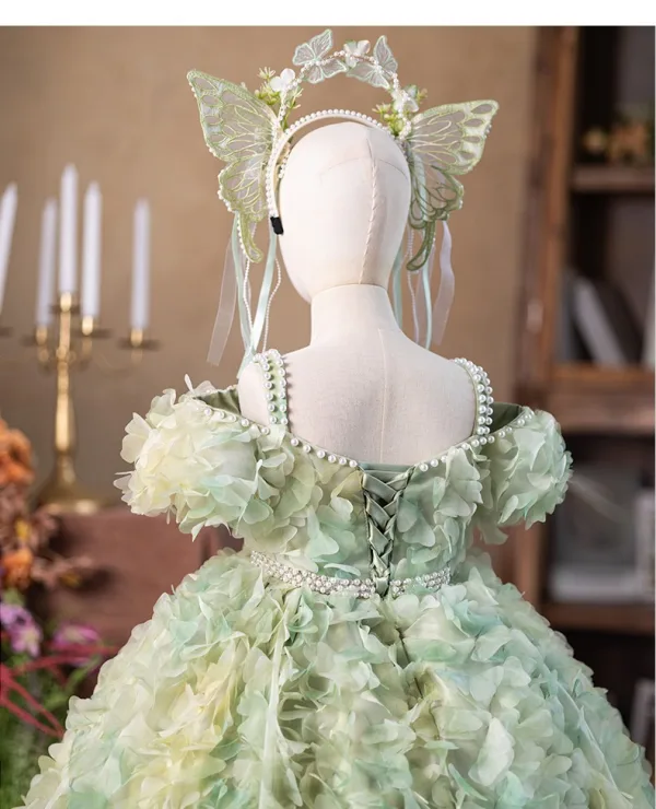 Flower Fairy Sage Green Appliques Birthday Flower Girl Dresses 2025 Ball Gown Spaghetti Straps Pearl Short Sleeve Backless Floor-Length / Long
