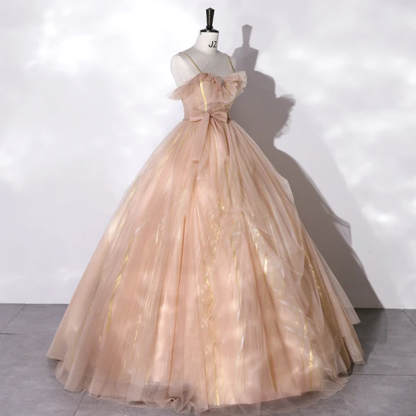 Charmant Champagner Ballkleider 2022 Ballkleid Spaghettiträger Ärmellos Rückenfreies Schleife Stoffgürtel Lange Festliche Kleider