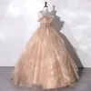 Charming Champagne Prom Dresses 2022 Ball Gown Spaghetti Straps Sleeveless Backless Bow Sash Floor-Length / Long Formal Dresses