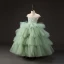 Charmant Vert Cendré Paillettes Volants en Cascade Anniversaire Robe Ceremonie Fille 2023 Robe Boule Encolure Dégagée Manches Courtes Dos Nu Longue