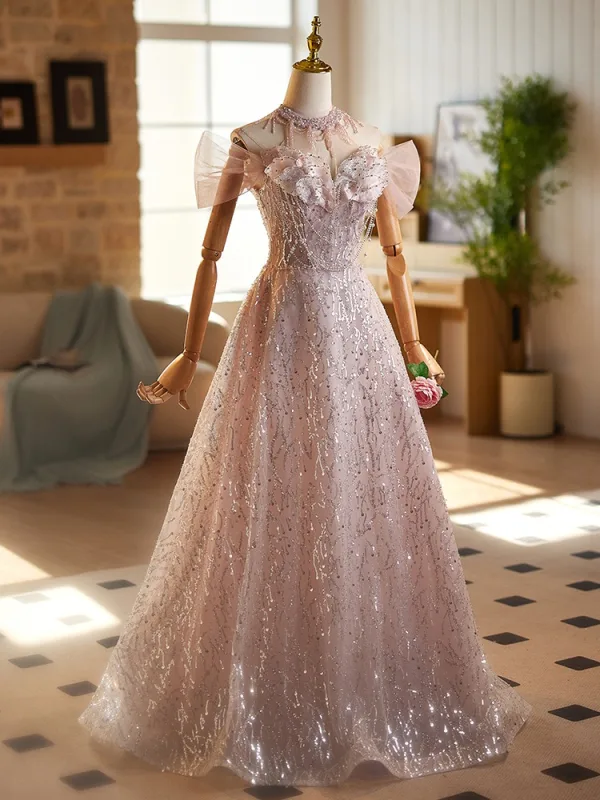 Charming Blushing Pink Beading Pearl Sequins Prom Dresses 2025 A-Line / Princess High Neck Short Sleeve Backless Floor-Length / Long Tulle Prom Formal Dresses