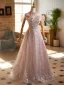Charming Blushing Pink Beading Pearl Sequins Prom Dresses 2025 A-Line / Princess High Neck Short Sleeve Backless Floor-Length / Long Tulle Prom Formal Dresses