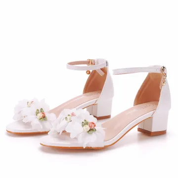 Uroczy Białe Aplikacje Buty Ślubne 2023 Z Paskiem 4 Cm Niski Obcas Grubym Obcasie Peep Toe Ślub Sandały Wysokie Obcasy