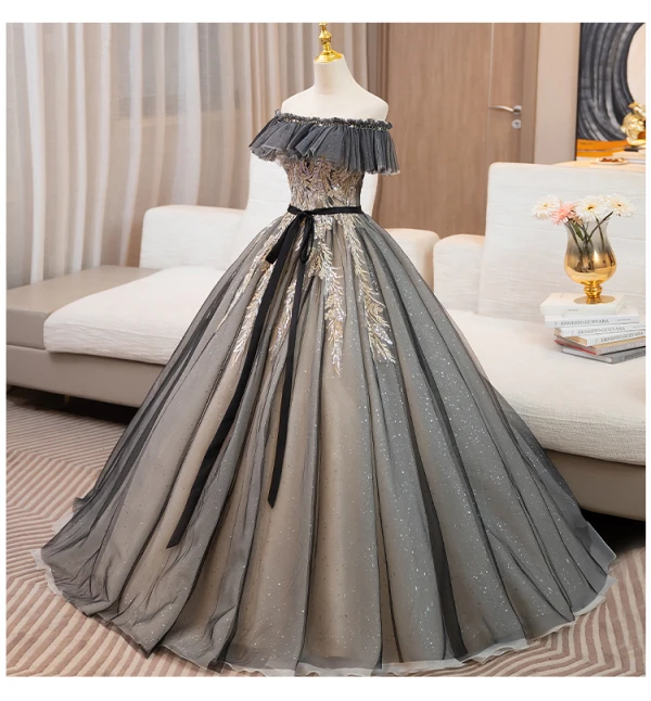 Elegant Black Sequins Lace Flower Prom Dresses 2024 Ball Gown Off-The-Shoulder Sleeveless Backless Bow Sash Floor-Length / Long Prom Formal Dresses