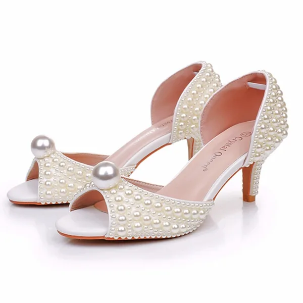 Elegant White Pearl 6 cm Stiletto Heels Prom Womens Sandals 2025 Open / Peep Toe Sandals High Heels