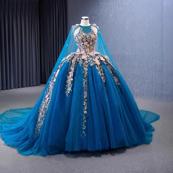 High-end Vintage / Retro Ocean Blue Handmade  Pearl Appliques Sequins Prom Dresses 2023 Ball Gown Halter Sleeveless Backless Floor-Length / Long Prom