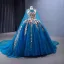 High-end Vintage / Retro Ocean Blue Handmade  Pearl Appliques Sequins Prom Dresses 2023 Ball Gown Halter Sleeveless Backless Floor-Length / Long Prom