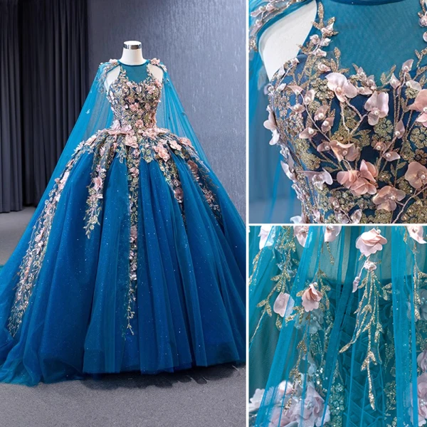 High-end Vintage / Retro Ocean Blue Handmade  Pearl Appliques Sequins Prom Dresses 2023 Ball Gown Halter Sleeveless Backless Floor-Length / Long Prom