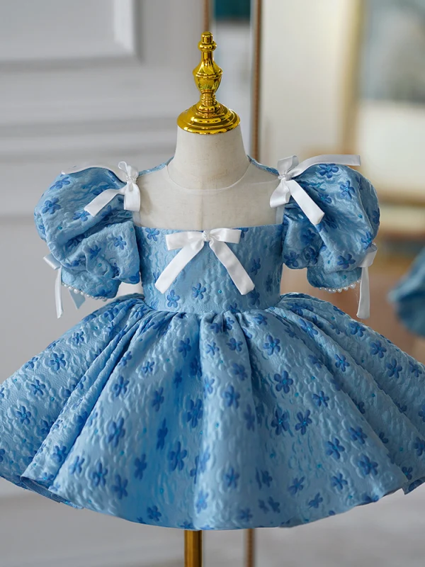 Chic / Beautiful Pool Blue Printing Birthday Short Flower Girl Dresses 2023 Ball Gown Scoop Neck Puffy Short Sleeve Bow