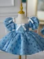Chic / Beautiful Pool Blue Printing Birthday Short Flower Girl Dresses 2023 Ball Gown Scoop Neck Puffy Short Sleeve Bow