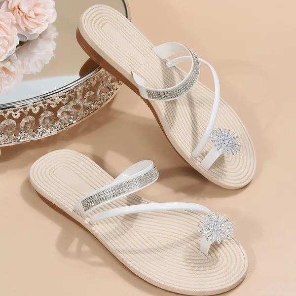 Fashion Gold Summer Beach Rhinestone Womens Sandals 2022 Open / Peep Toe Flat Sandals