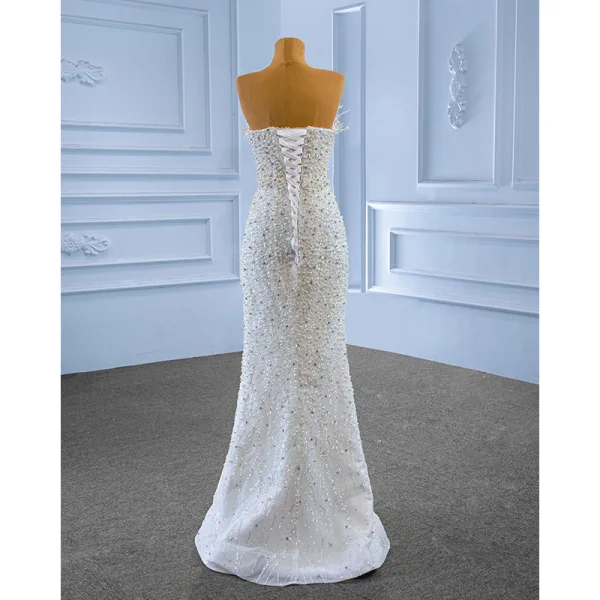 High End Weiß Perlenstickerei Perle Strass Brautkleider / Hochzeitskleider 2022 Meerjungfrau Bandeau Ärmellos Rückenfreies Hof-Schleppe Hochzeit