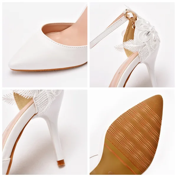 Élégant Blanche Faux Diamant En Dentelle Fleur Chaussure De Mariée 2023 Bride Cheville 9 cm Talons Aiguilles À Bout Pointu Mariage Sandales Talons Hauts