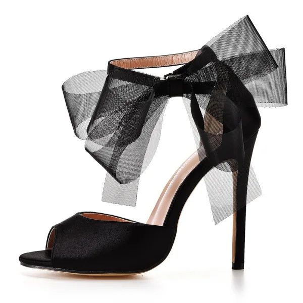 Sexy Noire Bride Cheville Noeud Soirée Sandales Femme 2022 Satin 11 cm Talons Aiguilles Peep Toes / Bout Ouvert Sandales Talons Hauts