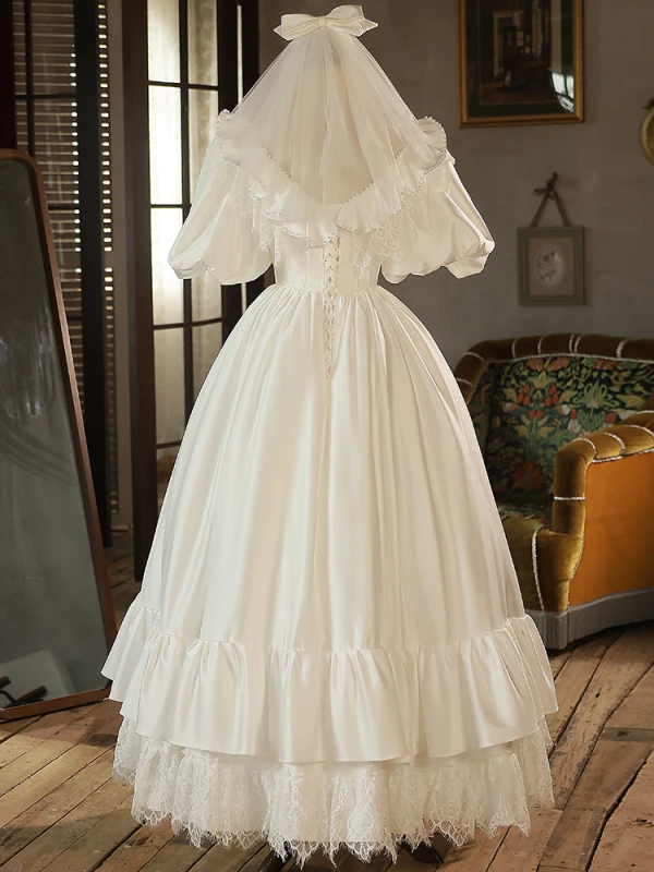 Vintage / Retro Elegant Ivory Satin Wedding Dresses 2023 Ball Gown Pearl Scoop Neck Puffy Short Sleeve Backless Floor-Length / Long Wedding