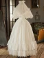 Vintage / Retro Elegant Ivory Satin Wedding Dresses 2023 Ball Gown Pearl Scoop Neck Puffy Short Sleeve Backless Floor-Length / Long Wedding