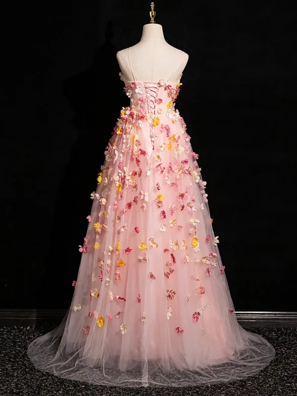 Flower Fairy Blushing Pink Appliques Prom Dresses 2024 A-Line / Princess Spaghetti Straps Sleeveless Backless Floor-Length / Long Prom Formal Dresses