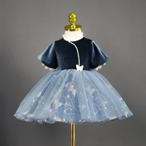 Chic Beautiful Navy Blue Pearl Sequins Butterfly Bow Short Flower Girl Dresses 2023 Ball Gown Birthday High Neck Short Sleeve