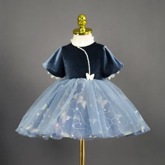 Chic Beautiful Navy Blue Pearl Sequins Butterfly Bow Short Flower Girl Dresses 2023 Ball Gown Birthday High Neck Short Sleeve