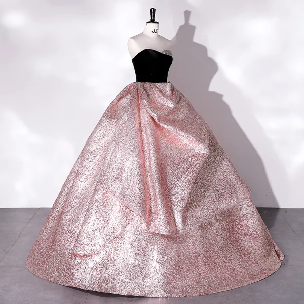 High-end Baroque Candy Pink Glitter Satin Prom Dresses 2022 Ball Gown Strapless Sleeveless Backless Beading Floor-Length / Long Formal Dresses