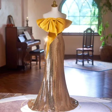 Sexy Gold Sequins Evening Dresses 2024 Trumpet Mermaid Strapless Bow Sleeveless Backless Sweep Train Evening Party Formal Dresses