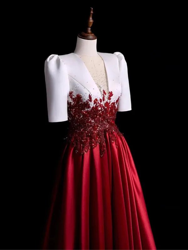 Elegante Burgunderrot Perlenstickerei Pailletten Satin Ballkleider 2024 Ballkleid V-Ausschnitt Kurze Ärmel Lange Ball Festliche Kleider