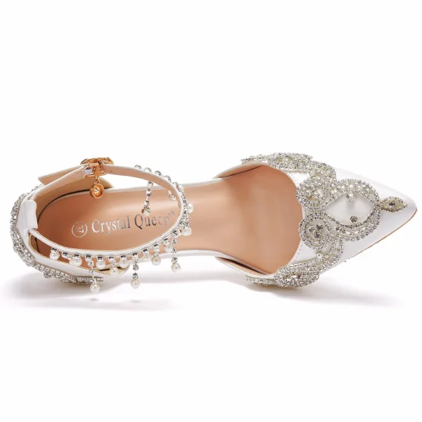 Fashion White Pearl Rhinestone Wedding Shoes 2022 Ankle Strap 9 cm Stiletto Heels Pointed Toe Wedding High Heels