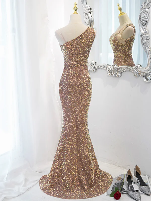 Sexy Gold Perlenstickerei Pailletten Abendkleider 2023 Meerjungfrau One-Shoulder Ärmellos Rückenfreies Gespaltete Front Lange Abend Festliche Kleider