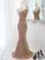 Sexy Gold Perlenstickerei Pailletten Abendkleider 2023 Meerjungfrau One-Shoulder Ärmellos Rückenfreies Gespaltete Front Lange Abend Festliche Kleider