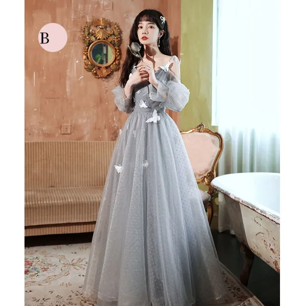 Modest / Simple Grey Lace Butterfly Bridesmaid Dresses 2022 A-Line / Princess Short Sleeve Backless Floor-Length / Long Bridesmaid Dresses