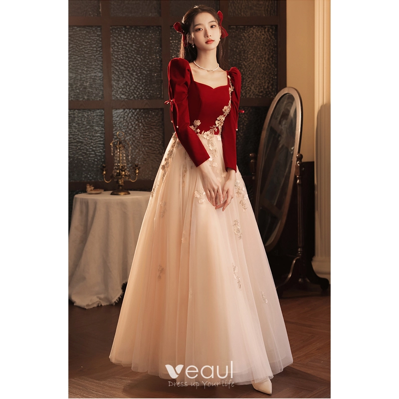 Chic / Beautiful Burgundy Beading Rhinestone Lace Flower Fall Winter Evening Dresses 2023 A-Line / Princess Square Neckline Long Sleeve Backless Bow Floor-Length / Long Evening Party Chic / Beautiful Burgundy Beading Rhinestone Lace Flower Fall Winter Evening Dresses 2023 A-Line / Princess Square Neckline Long Sleeve Backless Bow Floor-Length / Long Evening Party