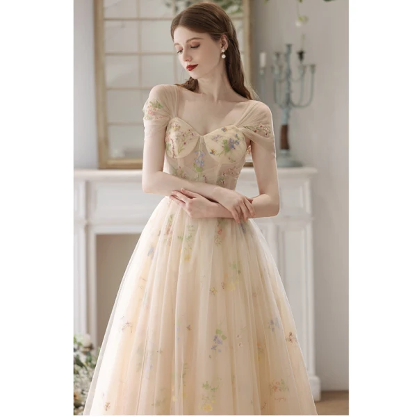 Elegante Champagner Blumen Ballkleider 2023 A Linie Spaghettiträger Ärmellos Rückenfreies Lange Ball Festliche Kleider