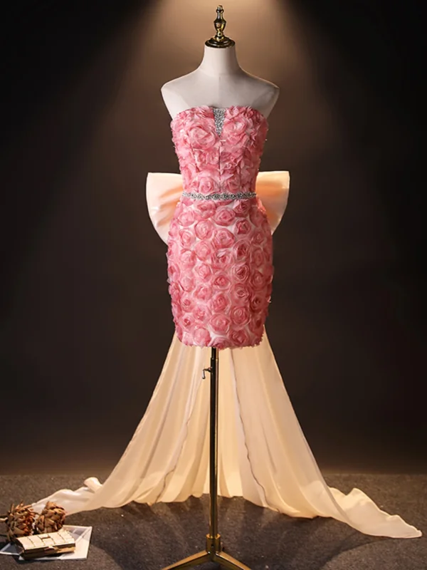 Sexy Rougissant Rose Perlage Volants Fleur Robe De Soirée 2024 Trompette / Sirène Bustier Sans Manches Dos Nu Noeud Train De Balayage Soirée Robe De Ceremonie