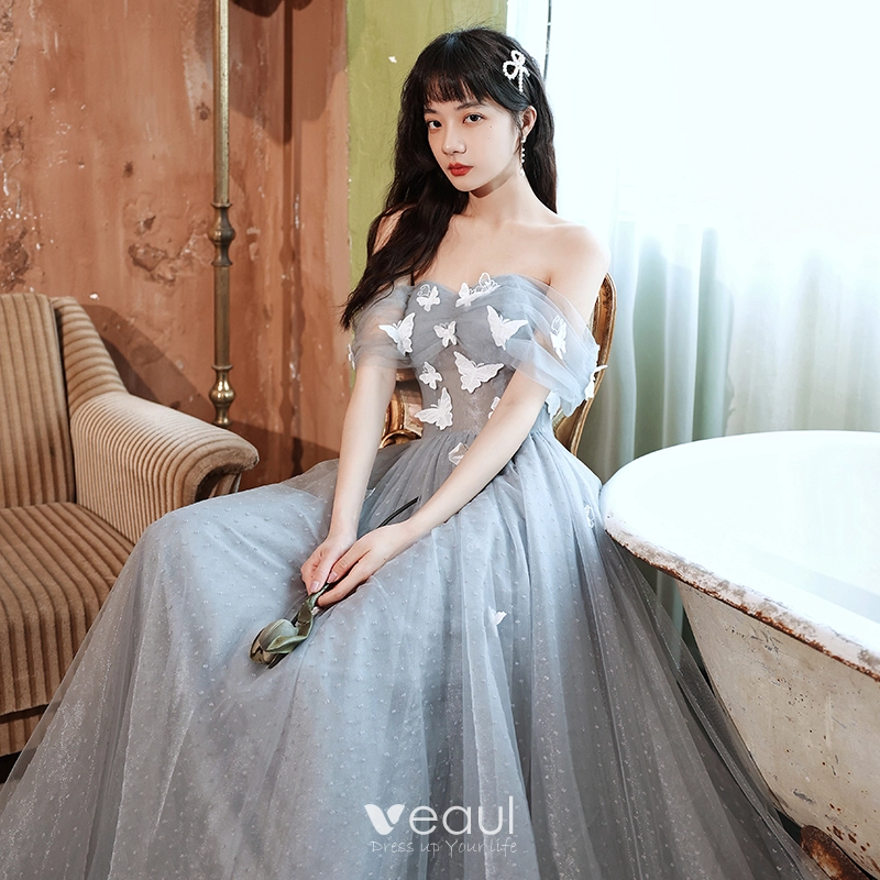 Modest Simple Grey Lace Butterfly Bridesmaid Dresses 2022 A Line Princess Short Sleeve Backless Floor Length