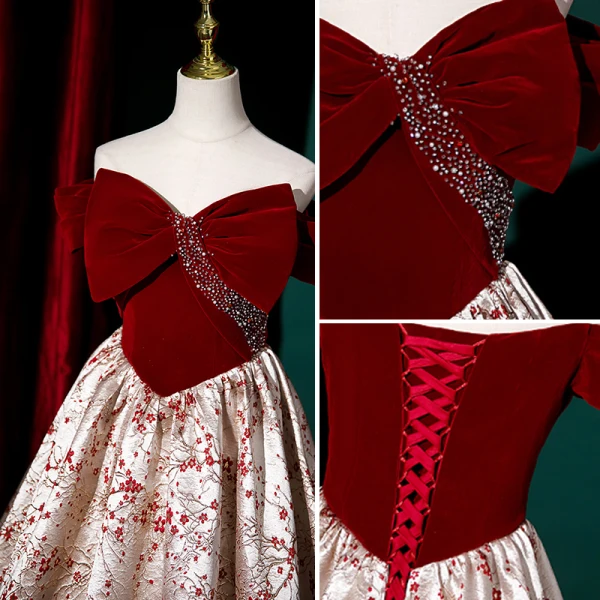 Fashion Burgundy Rhinestone Printing Evening Dresses 2023 A-Line / Princess Off-The-Shoulder Short Sleeve Backless Bow Floor-Length / Long Evening Party Formal Dresses