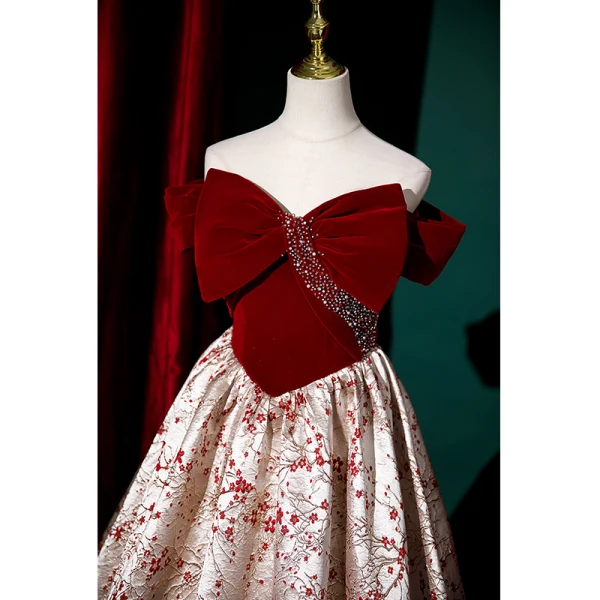 Fashion Burgundy Rhinestone Printing Evening Dresses 2023 A-Line / Princess Off-The-Shoulder Short Sleeve Backless Bow Floor-Length / Long Evening Party Formal Dresses