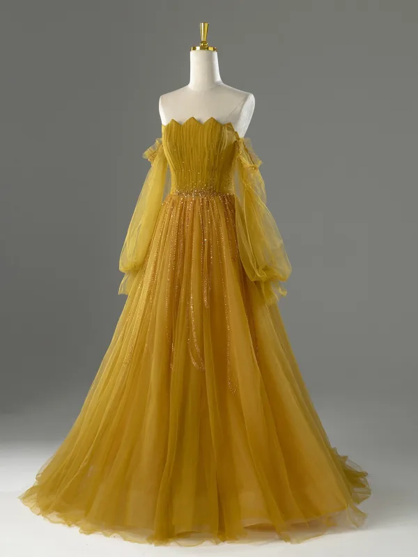 Vintage / Retro Yellow Beading Sequins Prom Dresses 2026 A-Line / Princess Off-The-Shoulder Long Sleeve Backless Floor-Length / Long Formal Dresses