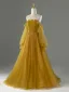 Vintage / Retro Yellow Beading Sequins Prom Dresses 2026 A-Line / Princess Off-The-Shoulder Long Sleeve Backless Floor-Length / Long Formal Dresses