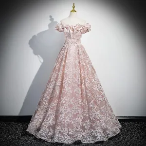 Chic Beautiful Blushing Pink Flower Sequins Prom Dresses 2025 A Line Princess Ruffle Off The Shoulder Short Sleeve Backless Floor Length Long Prom Formal Dresses