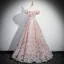 Chic / Beautiful Blushing Pink Flower Sequins Prom Dresses 2025 A-Line / Princess Ruffle Off-The-Shoulder Short Sleeve Backless Floor-Length / Long Prom Formal Dresses