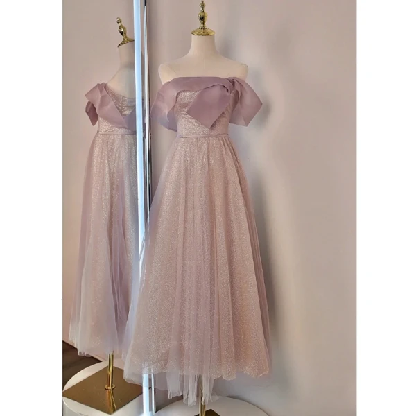 Chic / Beautiful Blushing Pink Glitter Bridesmaid Dresses 2023 A-Line / Princess Short Sleeve Backless Tea-length Bridesmaid Dresses