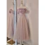 Chic / Beautiful Blushing Pink Glitter Bridesmaid Dresses 2023 A-Line / Princess Short Sleeve Backless Tea-length Bridesmaid Dresses