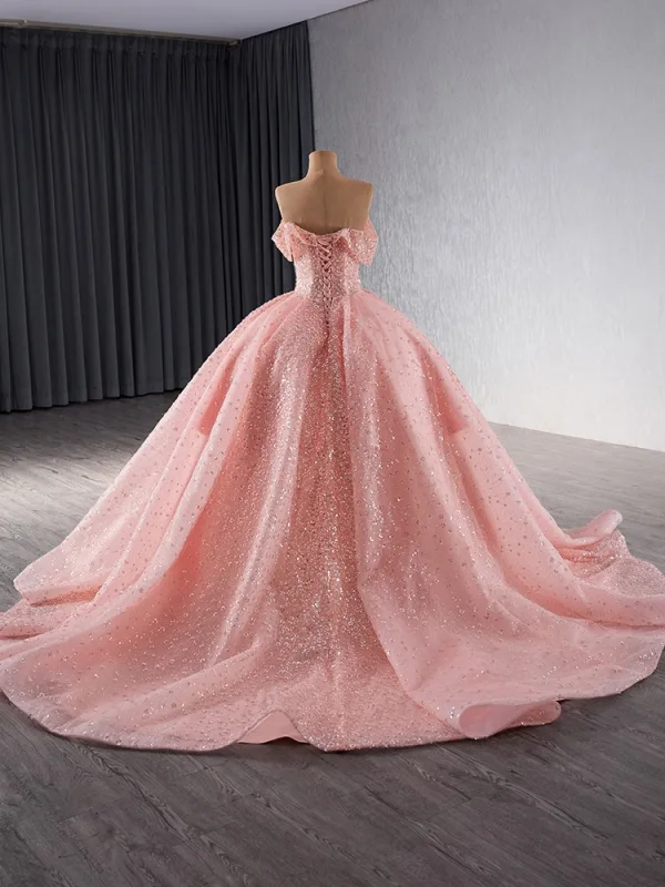 High End Schön Rosa Handgefertigt Perlenstickerei Pailletten Ballkleider 2024 Ballkleid Bandeau Ärmellos Rückenfreies Kapelle-Schleppe Ball Festliche Kleider
