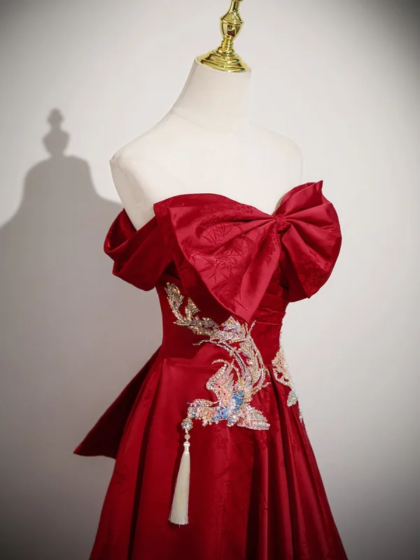 Elegant Red Beading Embroidered Prom Dresses 2025 A-Line / Princess Strapless Bow Sleeveless Backless Floor-Length / Long Formal Dresses