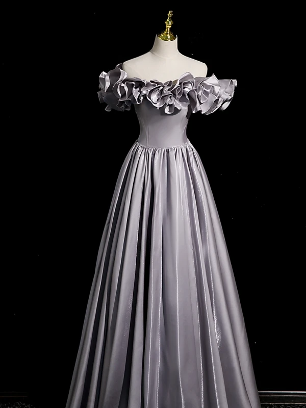 Chic / Beautiful Grey Satin Prom Dresses 2023 A-Line / Princess Ruffle Off-The-Shoulder Sleeveless Backless Floor-Length / Long Prom Formal Dresses