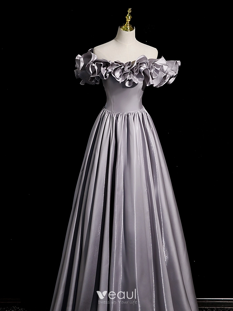 A-Line Off Shoulder Ruffles Gray Satin Prom Dress A-Line Off Shoulder Ruffles Gray Satin Prom Dress