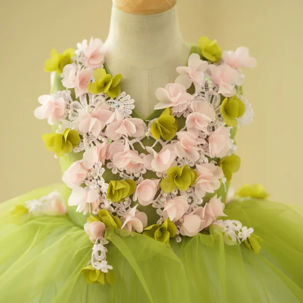Flower Fairy Sage Green Appliques Birthday Short Flower Girl Dresses Ball Gown 2023 V-Neck Sleeveless Flower Girl Dresses