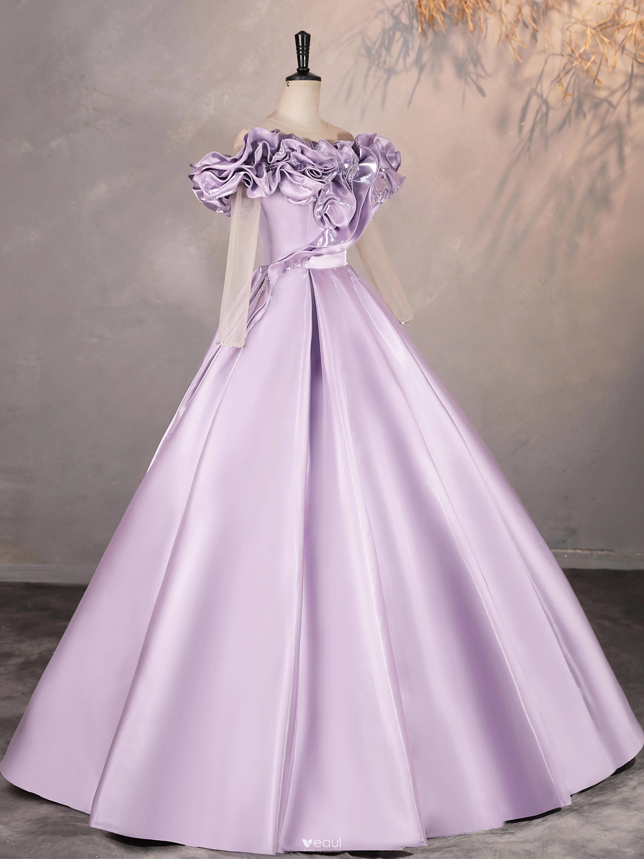Elegant Lavender Prom Dresses 2025 Ball Gown Ruffle Scoop Neck 1/2 Sleeves Backless Floor-Length / Long Formal Dresses Elegant Lavender Prom Dresses 2025 Ball Gown Ruffle Scoop Neck 1/2 Sleeves Backless Floor-Length / Long Formal Dresses